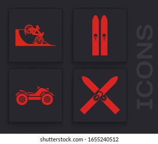 Set Ski and sticks, Bicycle on street ramp, Ski and sticks and All Terrain Vehicle or ATV motorcycle icon. Vector