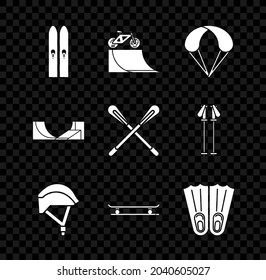 Set Ski and sticks, Bicycle on street ramp, Parachute, helmet, Skateboard, Rubber flippers for swimming, park and Crossed paddle icon. Vector