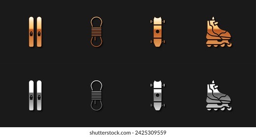 Set Ski and sticks, Climber rope, Longboard or skateboard and Roller icon. Vector