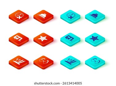 Set Ski and sticks, Heart shaped love glasses, Rv Camping trailer, Starfish, Hotel service bell and Clock with airplane icon. Vector