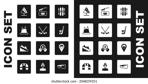 Set Ski and sticks, Ice hockey, Mountains, Road sign avalanches, puck, Winter fishing, Location with mountain and descent icon. Vector