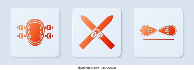 Set Ski and sticks, Knee pads and Skateboard trick. White square button. Vector