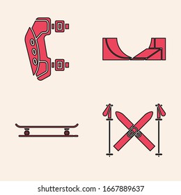 Set Ski and sticks, Knee pads, Skate park and Skateboard icon. Vector