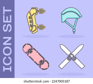 Set Ski and sticks, Knee pads, Skateboard trick and Bicycle helmet icon. Vector
