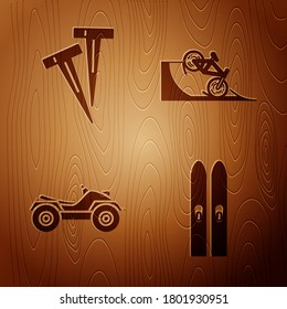 Set Ski and sticks, Pegs for tents, All Terrain Vehicle or ATV motorcycle and Bicycle on street ramp on wooden background. Vector