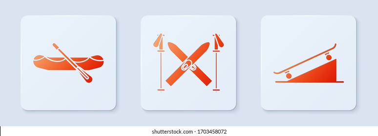Set Ski and sticks, Rafting boat and Skateboard on street ramp. White square button. Vector