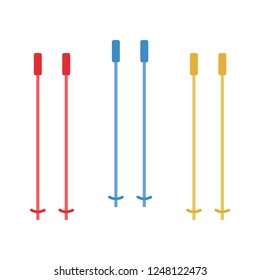 Set of Ski sticks. Red, yellow and blue ski sticks. Winter extreme mountain sport, leisure activity equipment element. White background. Vector illustration. EPS 10.