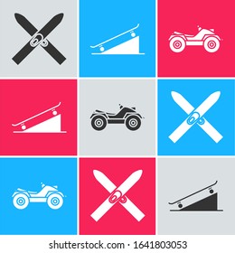 Set Ski and sticks, Skateboard on street ramp and All Terrain Vehicle or ATV motorcycle icon. Vector