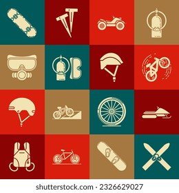 Set Ski and sticks, Snowmobile, Bicycle trick, All Terrain Vehicle or ATV motorcycle, Diving mask aqualung, Skateboard and helmet icon. Vector