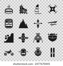 Set Esquí y palos, Lancha rápida, Hang glider, Windsurf, Montañas, Botiquín de primeros auxilios, ascensor e icono de kayak o canoa. Vector