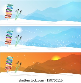 Set Of Ski Trip Banners  With Most Famous Ski Destinations