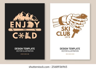 Set of ski winter sport flyer, poster, banner with mountain, ski, helmet, ski boot, skeleton hand holding ski pole. Family vacation, activity or travel. For logo design, patches. Vector