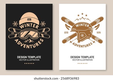 Set of ski winter sport flyer, poster, banner with ski, ski glasses, ski poles, helmet, mountain. Family vacation, activity or travel. For logo design, patches. Vector