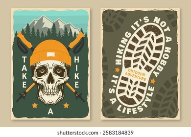 Set of ski winter sport flyer, poster, banner with ski, ski glasses, skull skeleton in winter sport hat, boot print, footprint. Family vacation, activity or travel. For logo design, patches. Vector