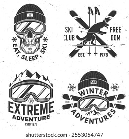 Set of ski winter sport retro badge. Vector. Concept for shirt, print, seal or stamp with ski glasses, skull skeleton in winter sport hat, wolf. Family vacation, activity or travel. For logo design