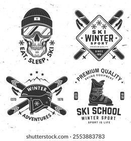 Set of ski winter sport retro badge. Vector. Concept for shirt, print, seal or stamp with ski glasses, skull skeleton in winter sport hat, ski boot, helmet. Family vacation, activity or travel. For