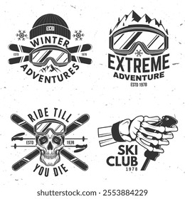 Set of ski winter sport retro badge. Vector. Concept for shirt, print, seal or stamp with ski glasses, skull, skeleton hand holding ski pole. Family vacation, activity or travel. For logo design