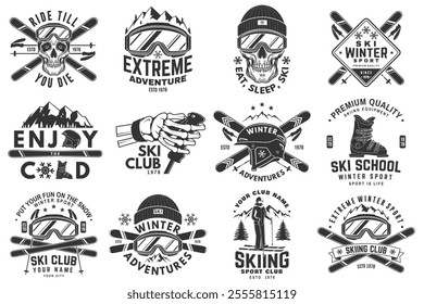 Set of ski winter sport retro badge. Vector. Concept for shirt, print, seal or stamp with ski glasses, skull, skeleton hand holding ski pole. Family vacation, activity or travel. For logo design