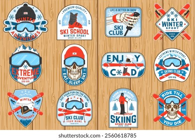 Set of ski winter sport retro patches. Vector. Concept for shirt, print, seal or stamp with ski glasses, skull, skeleton hand holding ski pole. Family vacation, activity or travel. For logo design