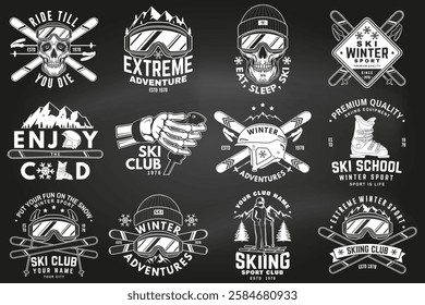 Set of ski winter sport retro badge on the chalkboard. Vector. Concept for shirt, print, seal or stamp with ski glasses, skull, skeleton hand holding ski pole. Family vacation, activity or travel. For