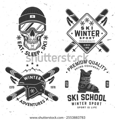 Set of ski winter sport retro badge. Vector. Concept for shirt, print, seal or stamp with ski glasses, skull skeleton in winter sport hat, ski boot, helmet. Family vacation, activity or travel. For