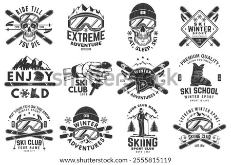 Set of ski winter sport retro badge. Vector. Concept for shirt, print, seal or stamp with ski glasses, skull, skeleton hand holding ski pole. Family vacation, activity or travel. For logo design