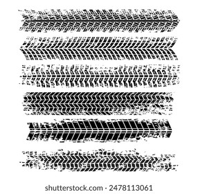 Set of Skid Tire mark set collection, Car and motorcycle tire track vector set. Truck tread mark on the road concept, shabby, grunge style, dirty. Tire track textured grunge banner vector illustration