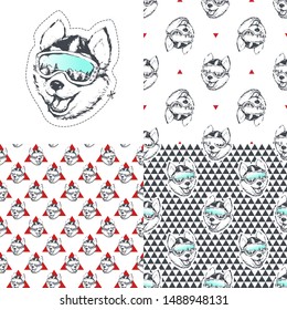 Set. Skier Husky dog. Vector illustration with patterns.