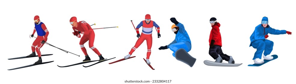 Set of skier, snowboarder, ski, activity. Snow sport, winter extreme recreation, action lifestyle. Slalom, jump, athlete, equipment, freestyle. Isolated on white background. Vector illustration