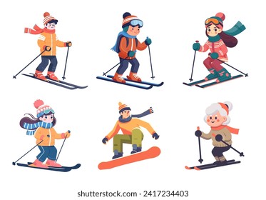 Set of skiers characters. Winter sport skiing. Colorful cartoon people isolated on white background. Stikers with ski activity man, boy, woman, girl and old lady. Vector illustration