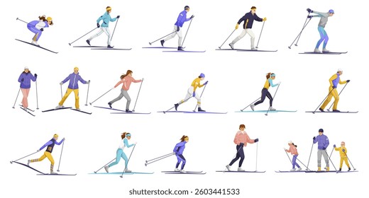 Set of skiers engaging in winter sports activities. Vector illustration