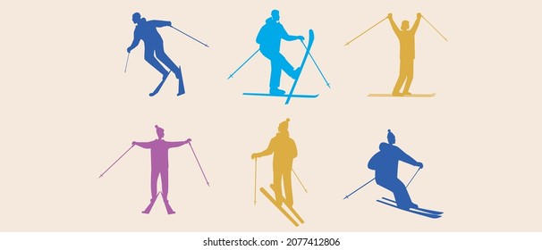 Set of skiers, icon isolated. Silhouette vector stock illustration. Colored badge or icon with happy skiers. Collection of people with skis and ski poles. Isolated silhouette