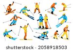 Set of skiers isolated on white background. Family winter trip in mountains. Ski actions: downhill, slalom, freeride, ski jumping, freestyle. Skiing in winter Alps. Vector illustration
