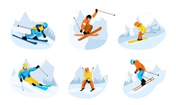 Conjunto De Esquiadores Aislados En Un Fondo Blanco. Paseos En Esquiar, Saltos, Deslizamientos En Las Montañas. Acciones De Esquí: Cuesta Abajo, Slalom, Freeride, Salto De Esquí, Freestyle. Esquiar En Los Alpes De Invierno. Ilustración Del Vector