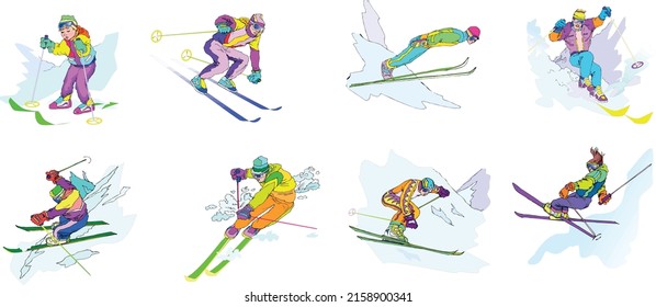 Conjunto de esquiadores aislados en un fondo blanco. Esquí, salto de esquí, esquí de descenso, slalom, freeride, salto de esquí, estilo libre. Esquiar en los Alpes de invierno. Ilustración del vector