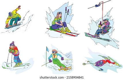 Set of skiers isolated on white background. Skiing, ski jumping, downhill skiing, slalom, freeride, ski jumping, freestyle. Vector illustration