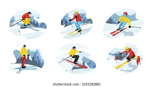 Set of skiers isolated on white background. Colorful skier rides and jumps. Winter sport characters slides in mountains. Ski actions: downhill, slalom, freeride, freestyle in Alps. Vector illustration