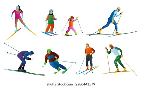 Conjunto de esquiadores aislados en un fondo blanco. Recorrido y diapositivas de caracteres de esquiador. Acciones de esquí: cruz de país, slalom freeride. Hombres, mujeres, niños en coloridos trajes deportivos. Ilustración del vector