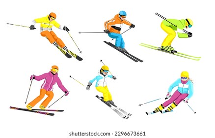 Conjunto de esquiadores aislados en un fondo blanco. Iconos coloridos esquian, saltos, deslizamientos en la ladera de las montañas. Acciones de esquí: cuesta abajo, slalom, freeride, freestyle. Esquiar en los Alpes de invierno. Ilustración del vector