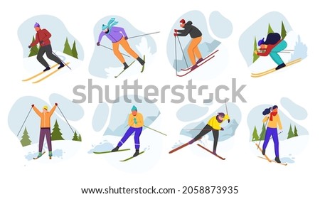 Set of skiers isolated on white background. Skier rides, jumps, slides in mountains. Ski actions: downhill, slalom, freeride, ski jumping, freestyle. Skiing in winter Alps. Vector illustration