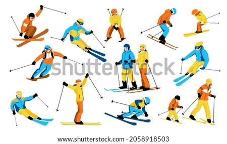 Set of skiers isolated on white background. Family winter trip in mountains. Ski actions: downhill, slalom, freeride, ski jumping, freestyle. Skiing in winter Alps. Vector illustration