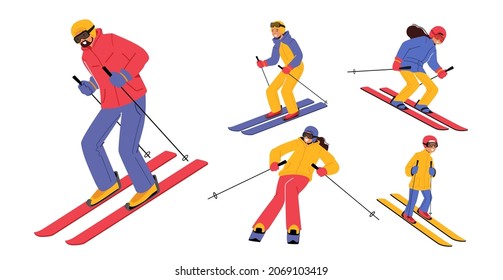 Set Skiers, People Skiing Isolated on White Background. Winter Season Recreation, Sport Activity, Slalom Sport Ski Race. Athletes on Downhill, Family Extreme Speed Skiing. Cartoon Vector Illustration