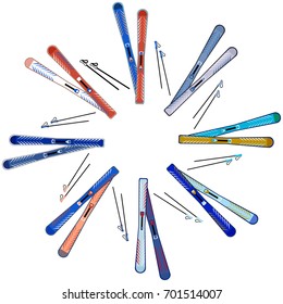 Set of skies and ski poles in ring on white background.Vector illustration.