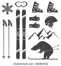 Set of skiing equipment silhouette icons. Set include skis, mountain, bear, gloves, goggles, helmet and snowflake. Winter equipment icons for family vacation, activity or travel.