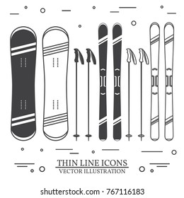 Set of skiing equipment silhouette icons. Set include snowboard, skis and ski poles . Winter equipment icons for family vacation, activity or travel. For logo design, patches, seal, logo or badges