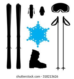 Set of skiing equipment silhouette with snowflake