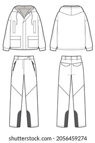 Set Of Skiing Pants And Jacket Flat Sketch.