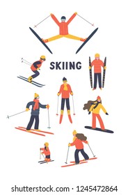 Set of skiing people. Hand drawn skiers on white background. Winter vector illustration.