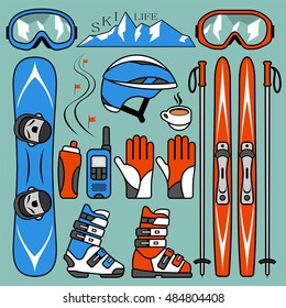 Set of skiing and snowboarding