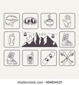 Set of skiing and snowboarding